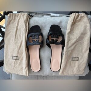 Gucci Black Leather Slide Sandals